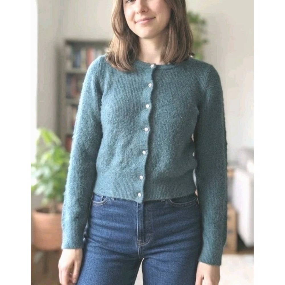 J.Crew Green Alpaca Merino Wool Blend Gem Button Crewneck Cardigan Sweater...